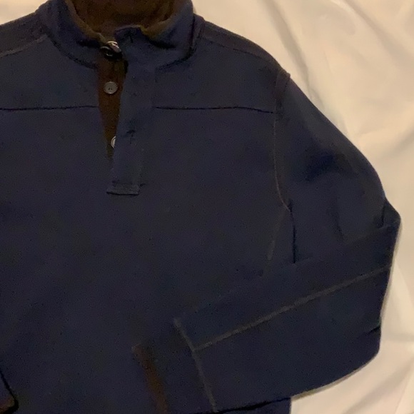 Men’s Navy Button Plaque Henley with Topstitching and  Brown Corduroy Trim - Picture 3 of 10